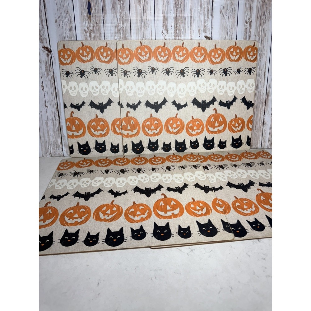 4 Pottery Barn Halloween Cork Back Placemats skulls Bat Black Cat pumpkin